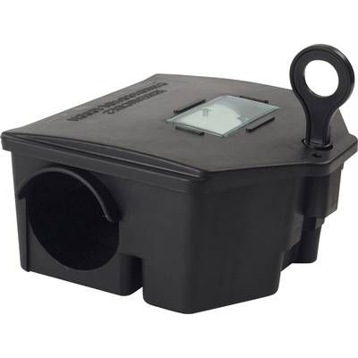 Black plastic box with an oval opening and lid. Clear viewing window on top, round handle on the upper surface. Purpose unclear.