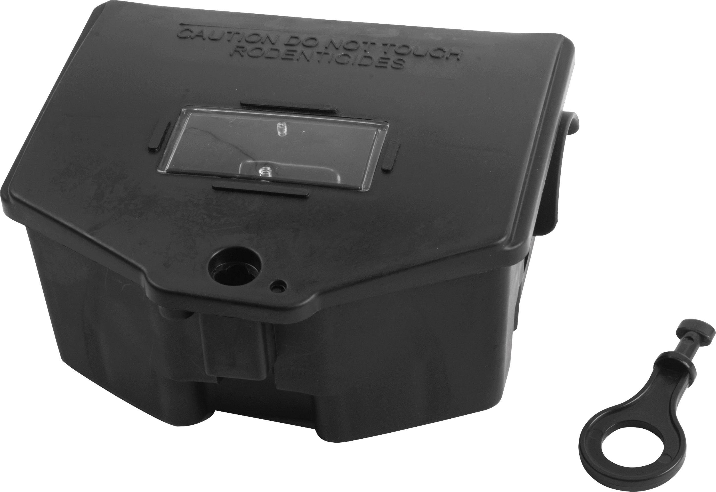 A black plastic pest control bait box with a removable key for safe handling.