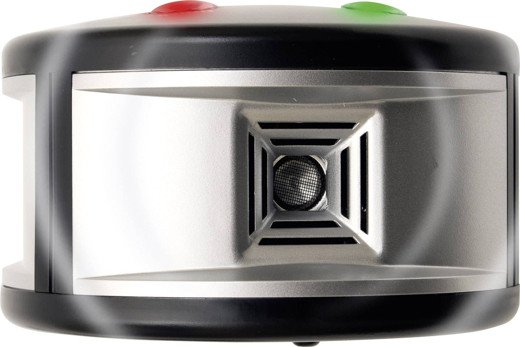 A silver, cylindrical device with ventilation grilles and a green and red button on the top surface.