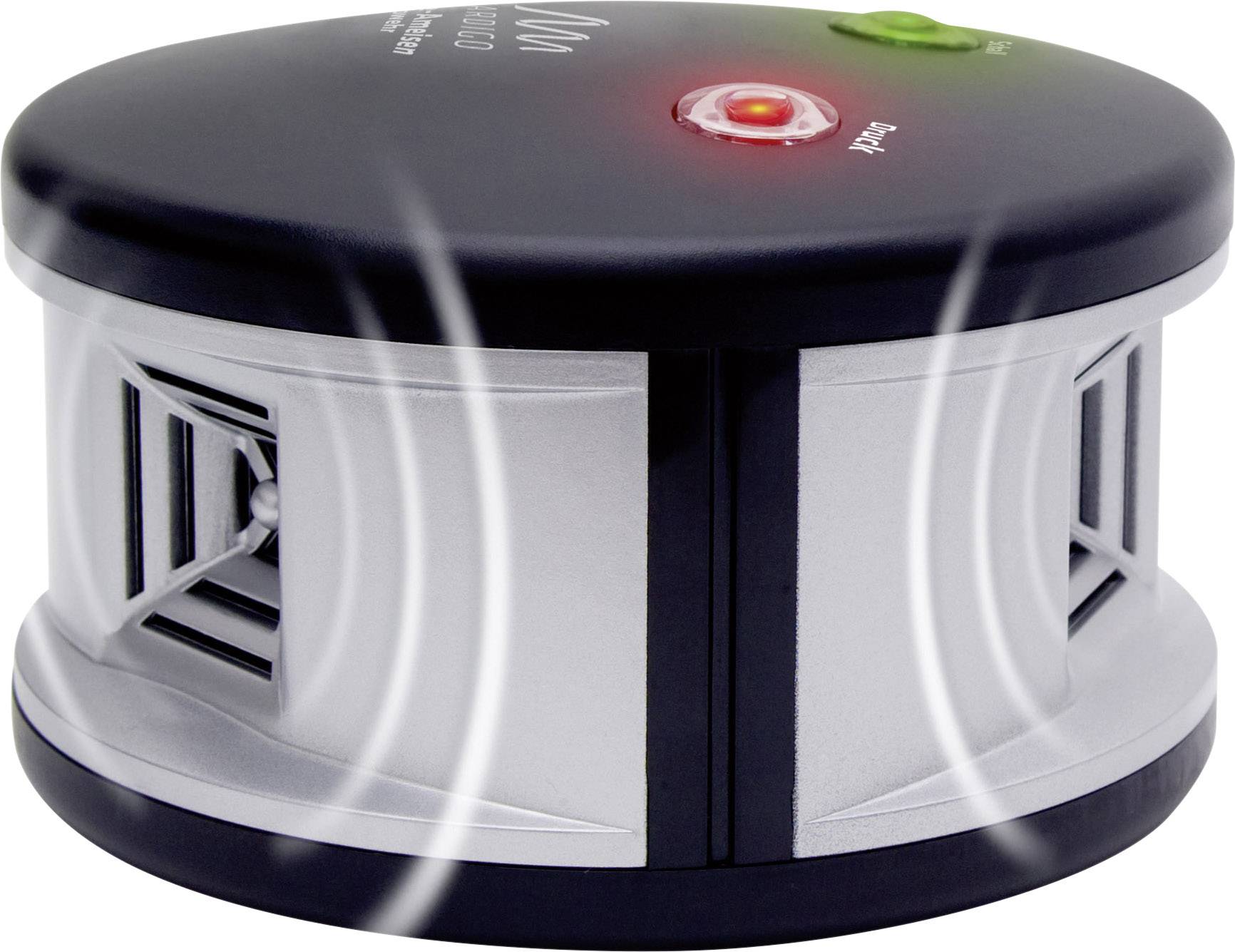 An electronic pest repellent device with a glowing red and green light on top, emitting ultrasonic-like waves.