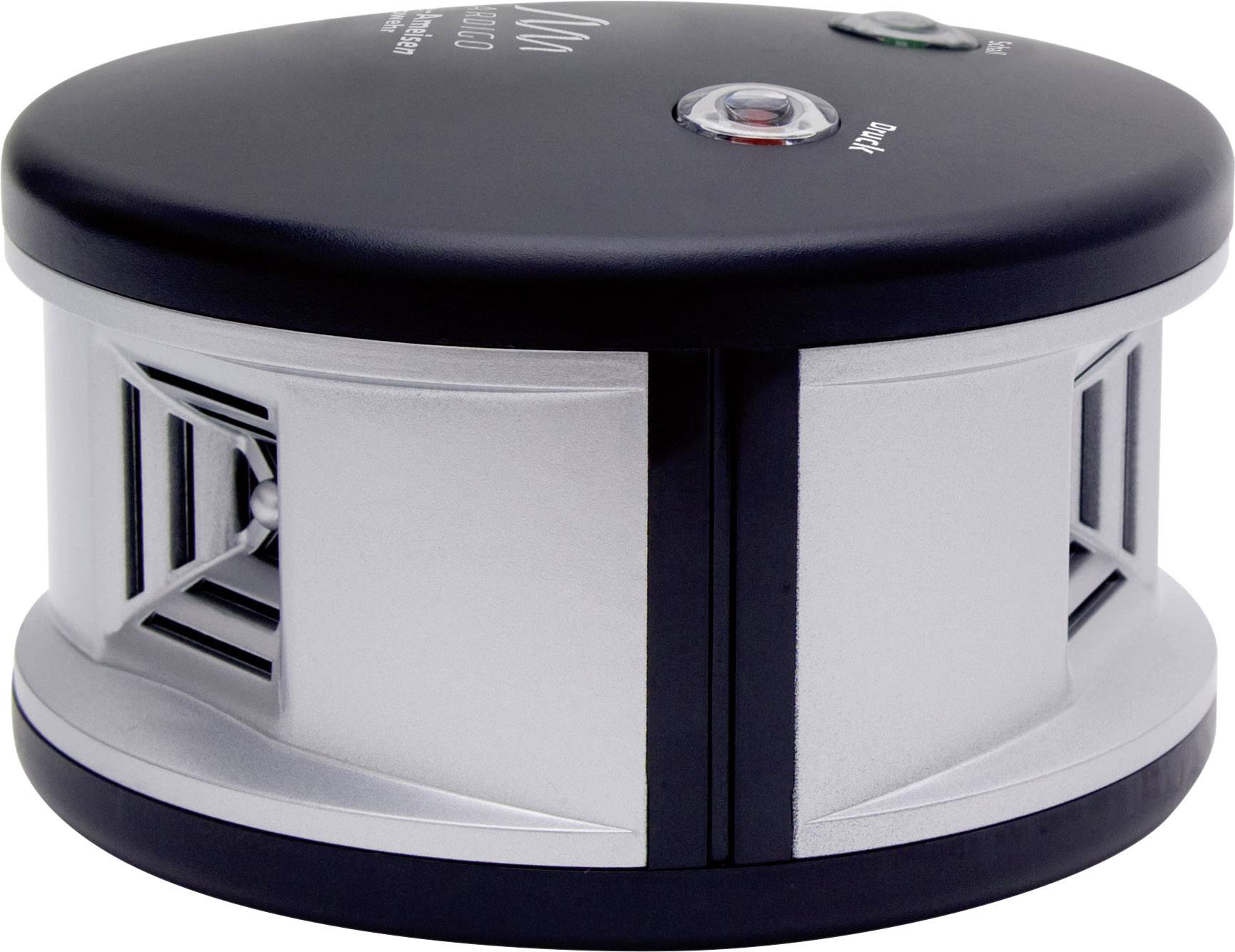 Electronic pest control device in cylindrical form, with black and silver elements.