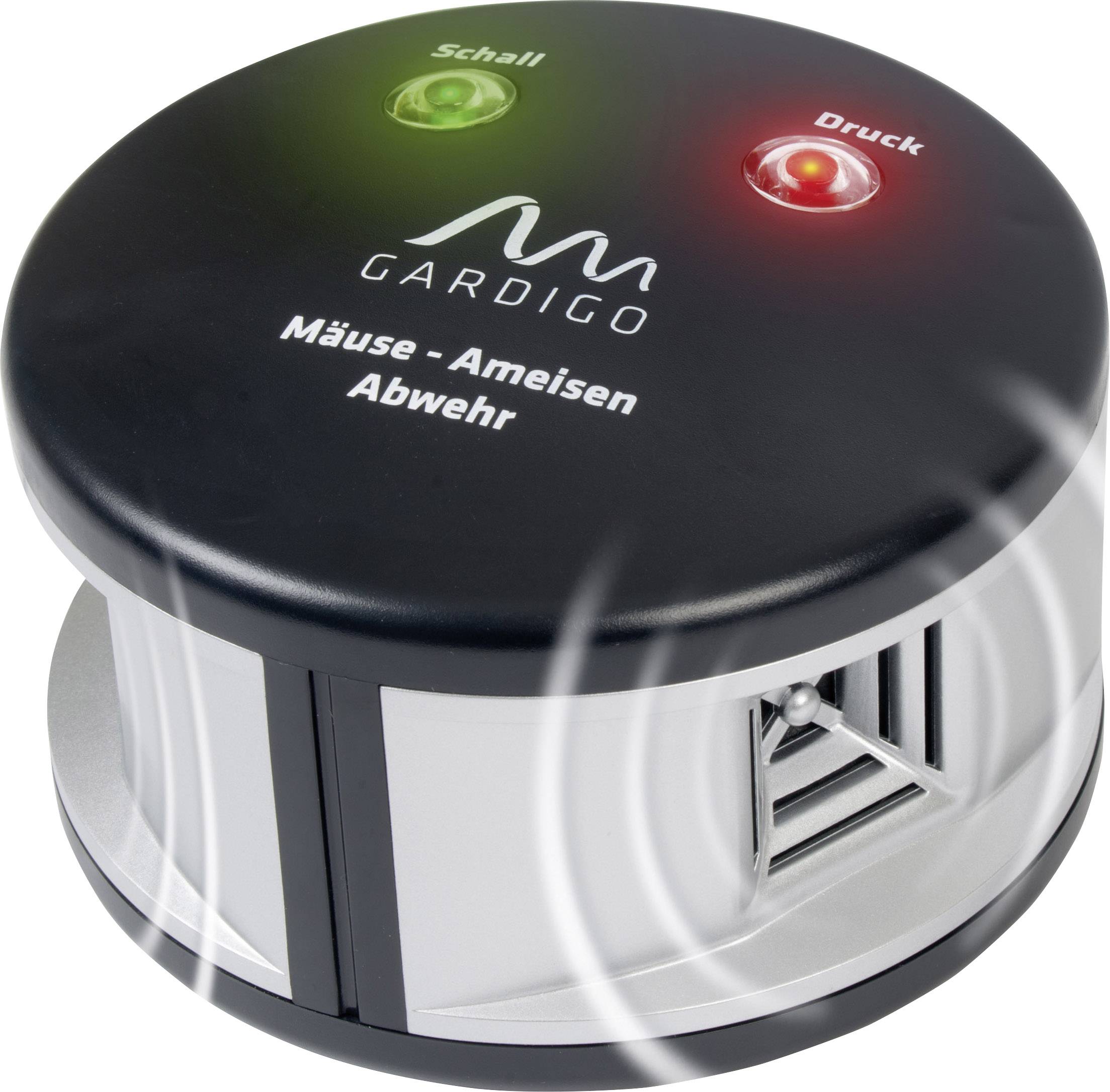 Round, black device for deterring mice and ants. Two lights are visible: a green one for 'Sound' and a red one for 'Pressure'.