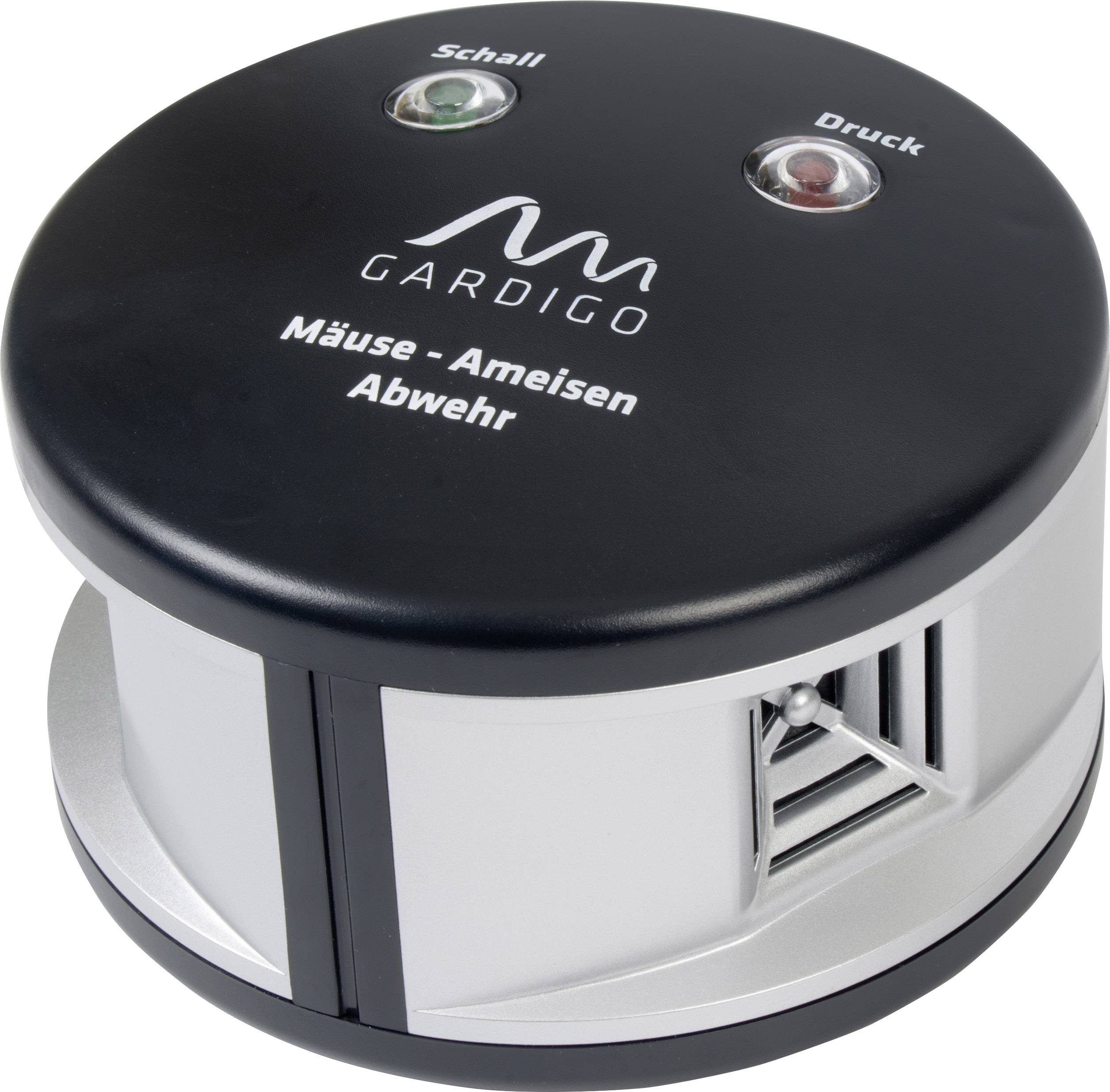 Round electronic device for repelling mice and ants, with inscription 'Mice - Ant Repellent', two lights on top.