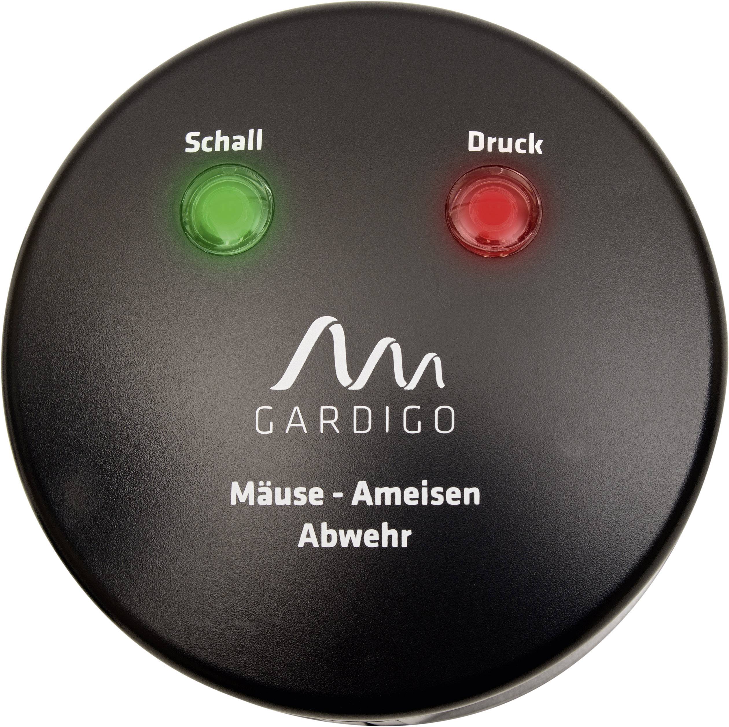 Black round device with two lights: green light 'Sound', red light 'Pressure'. Labelled with 'Mouse - Ant Repellent' and Gardigo logo.