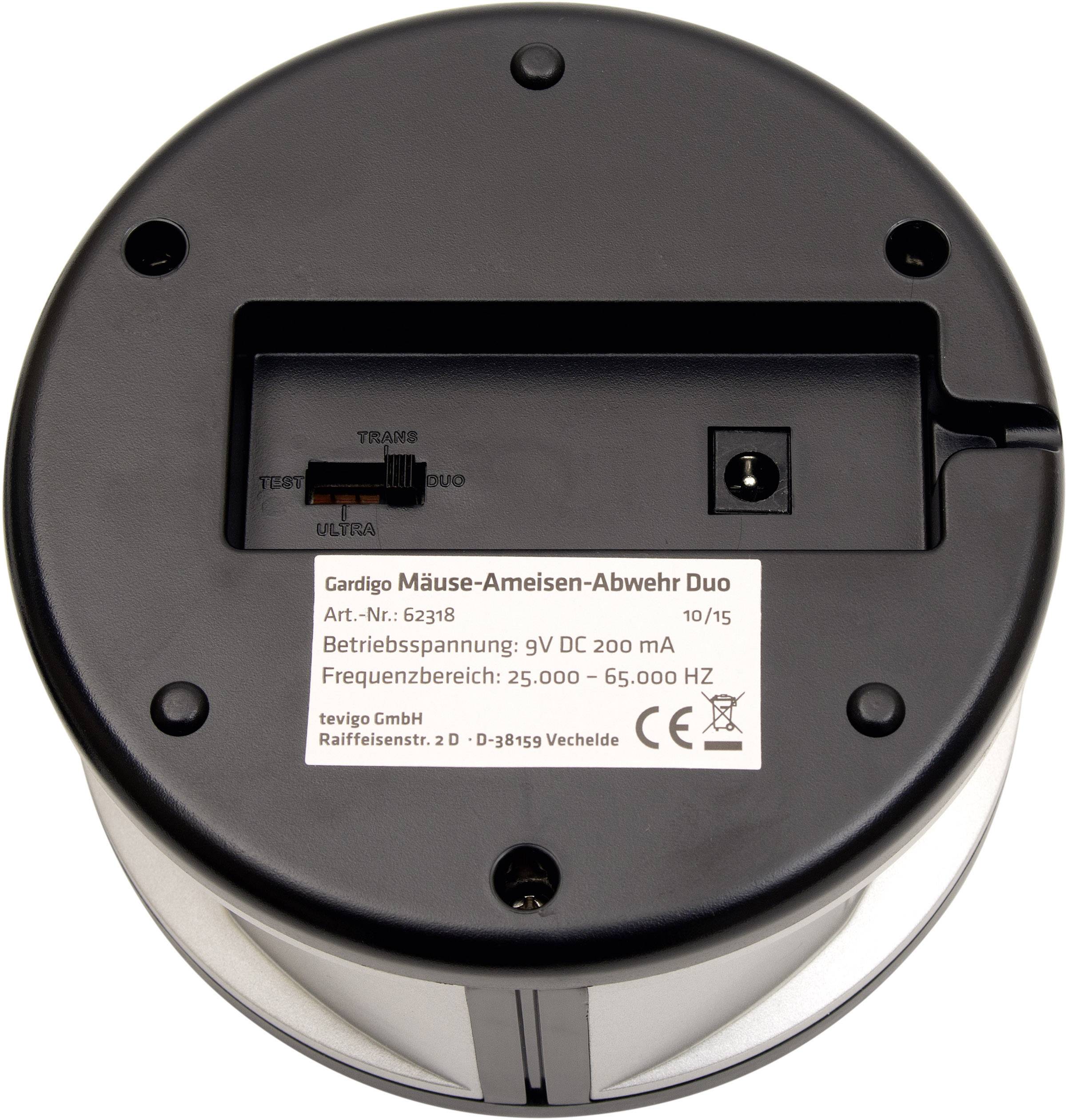 Device for Mouse and Ant Repellent with Technical Data: Article Number 62318, Operating Voltage 9V DC 200 mA, Frequency Range 25,000 – 65,000 Hz.