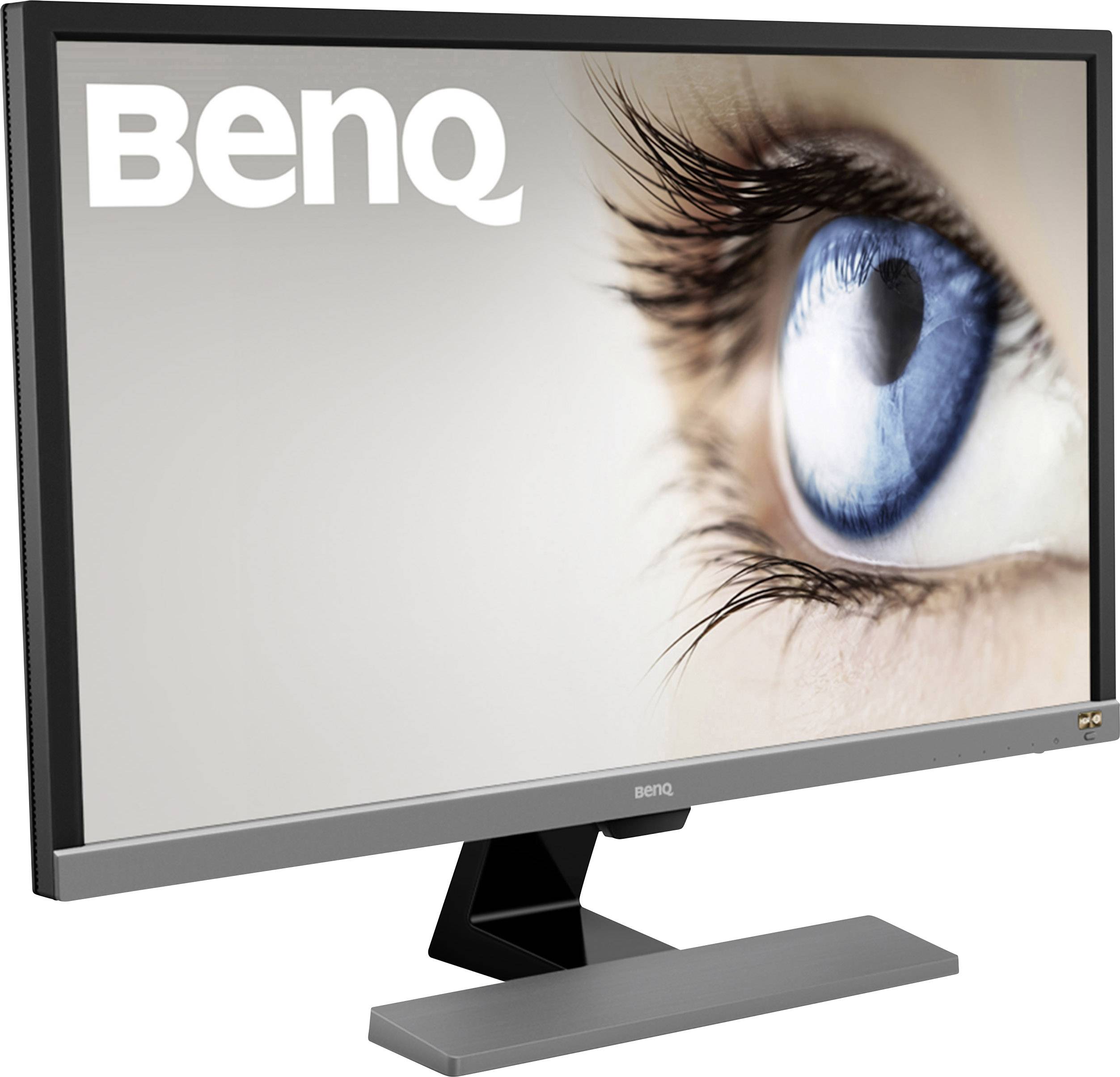 A BenQ monitor on a table, displaying a large blue eye on the screen.