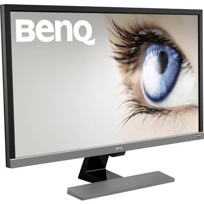 A BenQ monitor on a table, displaying a large blue eye on the screen.