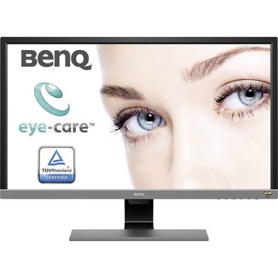 A monitor displays the 'BenQ' logo with 'eye-care' and 'TÜV Rheinland Certified'. In the background is a close-up of eyes.