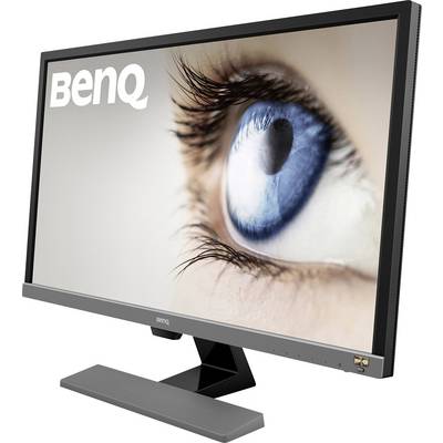 A BenQ computer monitor displays a close-up photograph of a blue eye.