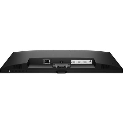 Back of a monitor with various ports: an Ethernet port, two HDMI ports, a USB port, and a mounting bracket.