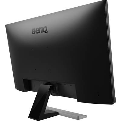 Rear view of a black computer monitor on a simple stand.