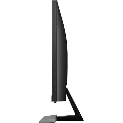 Side view of a black computer monitor with a slim frame on a sturdy stand.