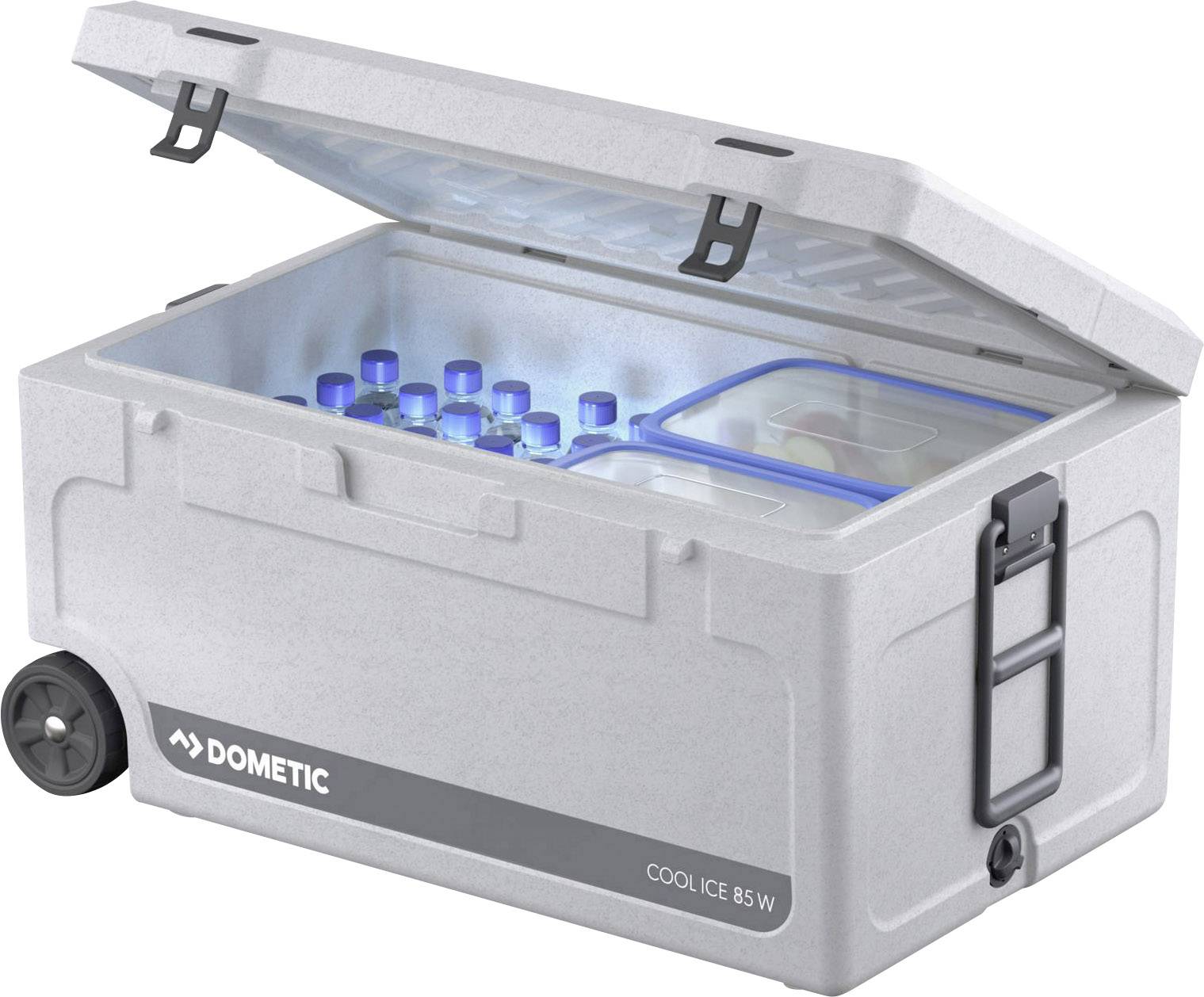 A white, mobile cool box by Dometic, model Cool Ice 85 W, with its lid open, reveals blue bottles and two containers inside.