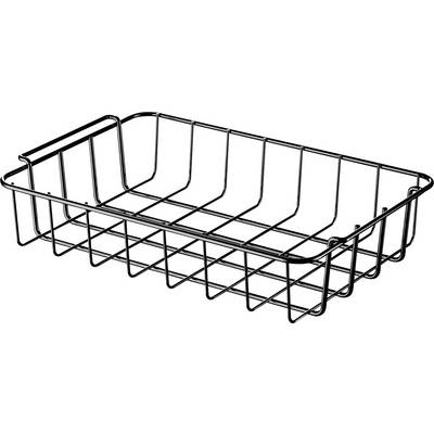 Rectangular wire basket in black metal, with raised side walls, suitable for storage or organisation.