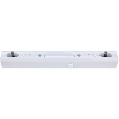 A rectangular, white fluorescent tube fitting with two sockets for tube lamps, viewed from above.