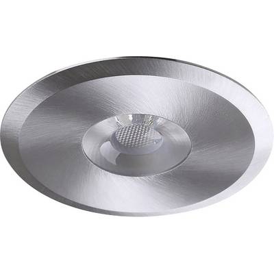 LED ceiling recessed light with a round, silver frame and central lighting unit.