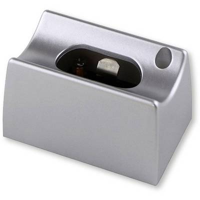 A silver pencil sharpener with a hole for a pencil and a blade inside, set against a white background.