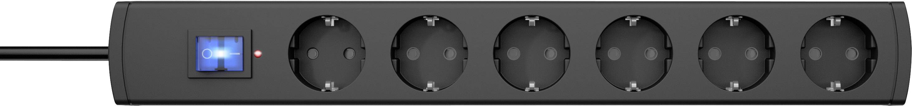 Six-way power strip with a blue illuminated switch and black housing, suitable for European plugs.