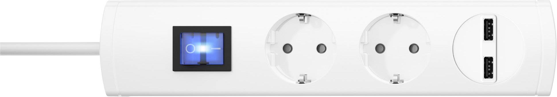 A white multi-socket adaptor with two power outlets, a circuit breaker with blue indicator light, and two USB ports.