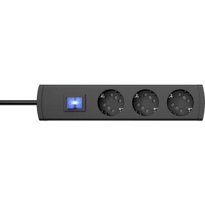 A black power strip with three socket outlets and a blue on/off switch on the side.