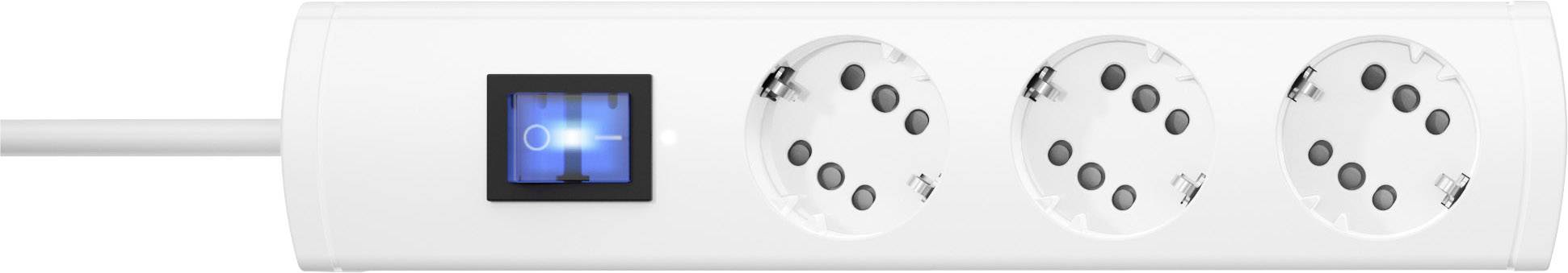 Three white power strips with toggle switches and blue LED indicators on a white background.