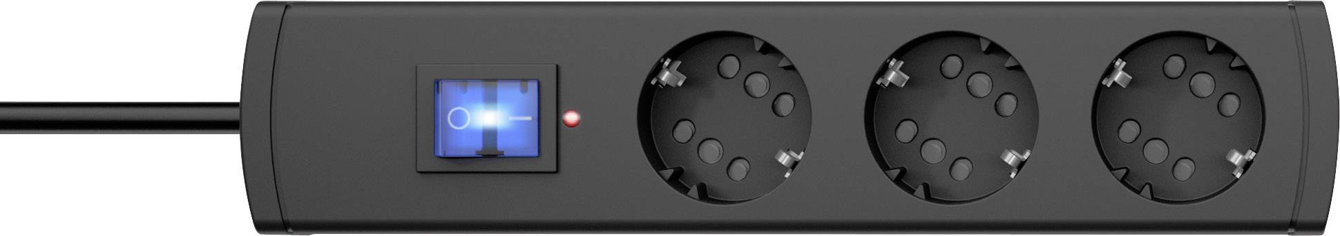 Three-way extension socket with illuminated switch in the switched-on state.