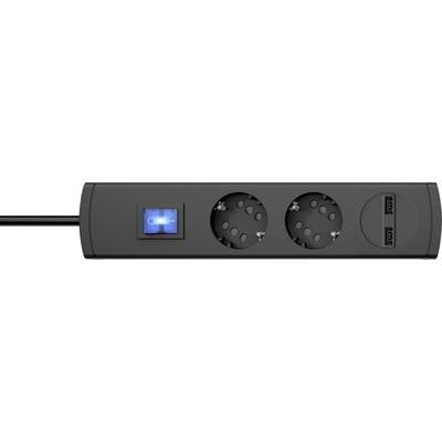 A black power strip with a blue-illuminated switch, two round plug sockets, and two USB ports.