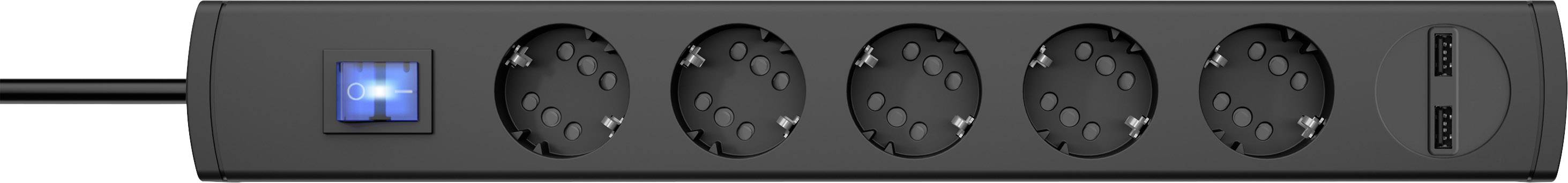 Black power strip with five socket outlets, a blue illuminated switch on the left, decorative design.