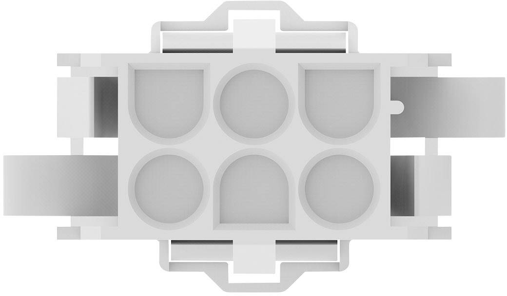 A grey, rectangular construction component with five circular recesses and side mounting elements, viewed from above.