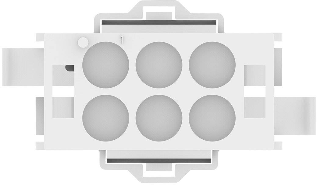 White plastic holder with six round recesses, possibly for batteries or small round objects. A small protruding mark on the top.