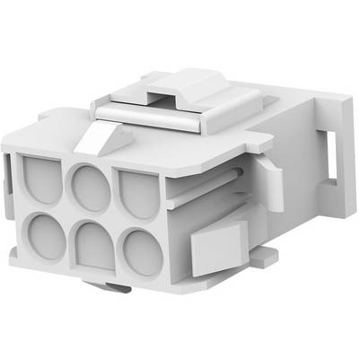 A white, six-pin plug with a rectangular shape and locking mechanism, used for electrical connections.