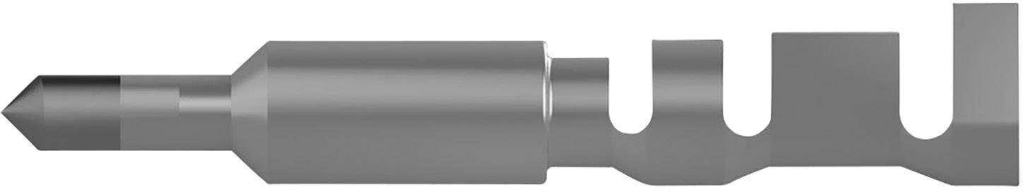 Grey metal tool with a cylindrical shaft and serrated edge on the right side. Used for specific technical applications.