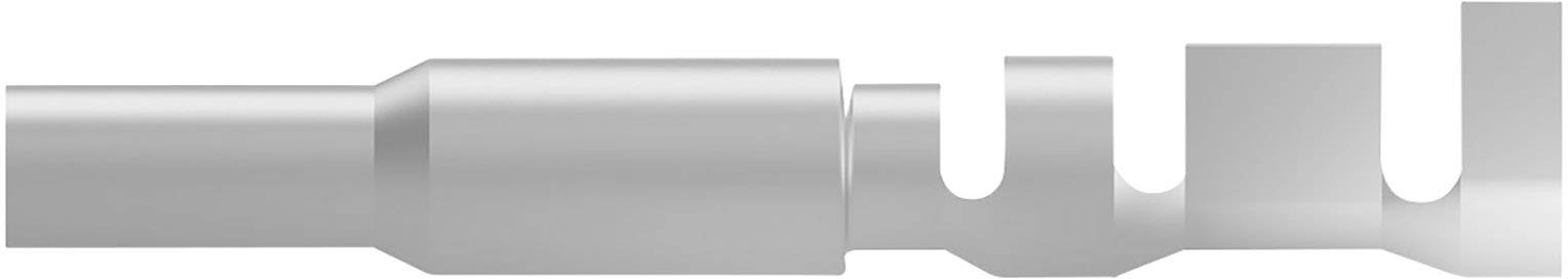 A silver, gleaming mechanical component with a cylindrical end and serrated notches on the right; possibly a tool attachment.