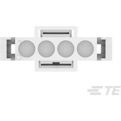 White, rectangular socket cover with four round openings and two rectangular side mounting brackets.