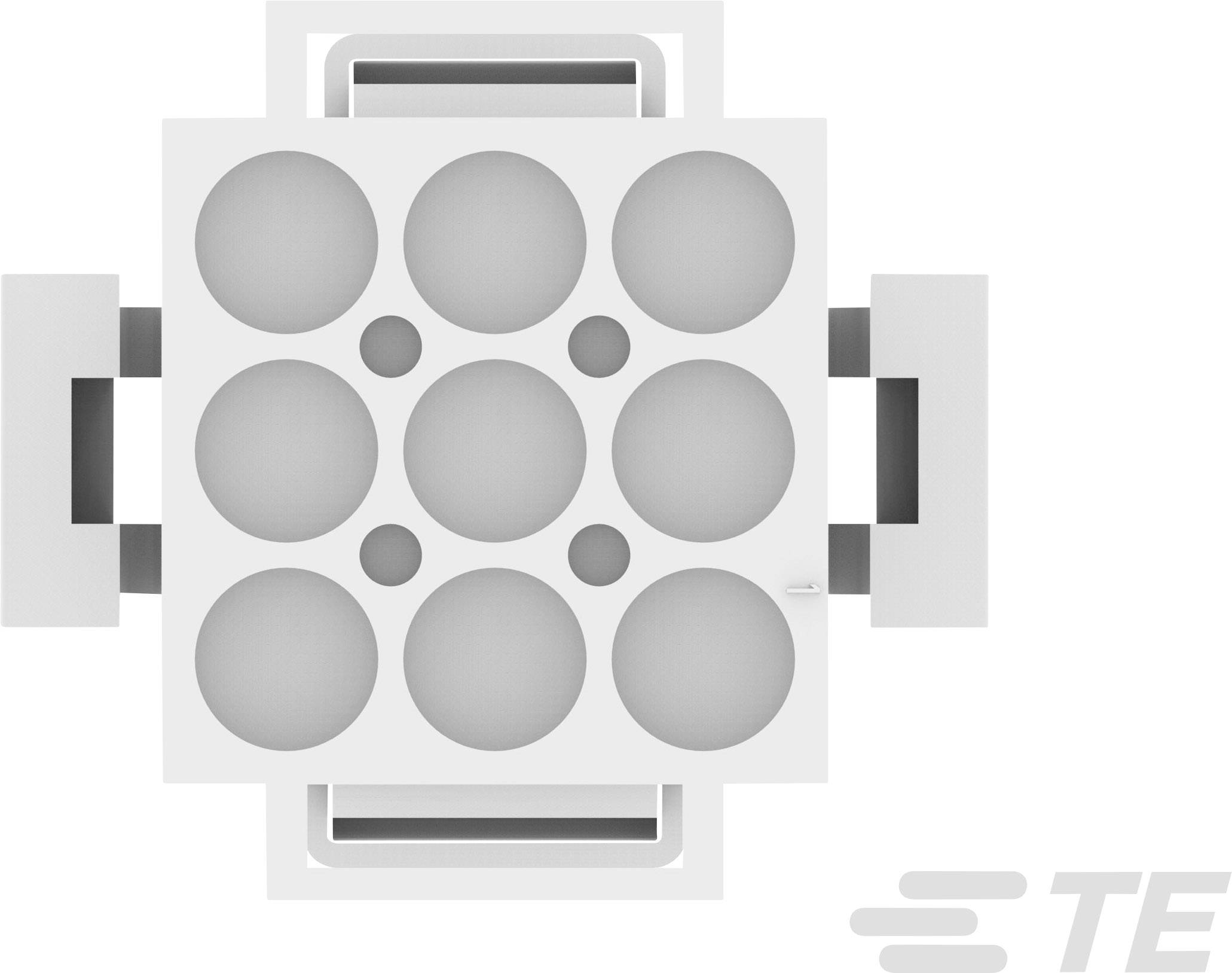 A square connector interface with nine round contacts, surrounded by rectangular mounting brackets. Brand logo bottom right.