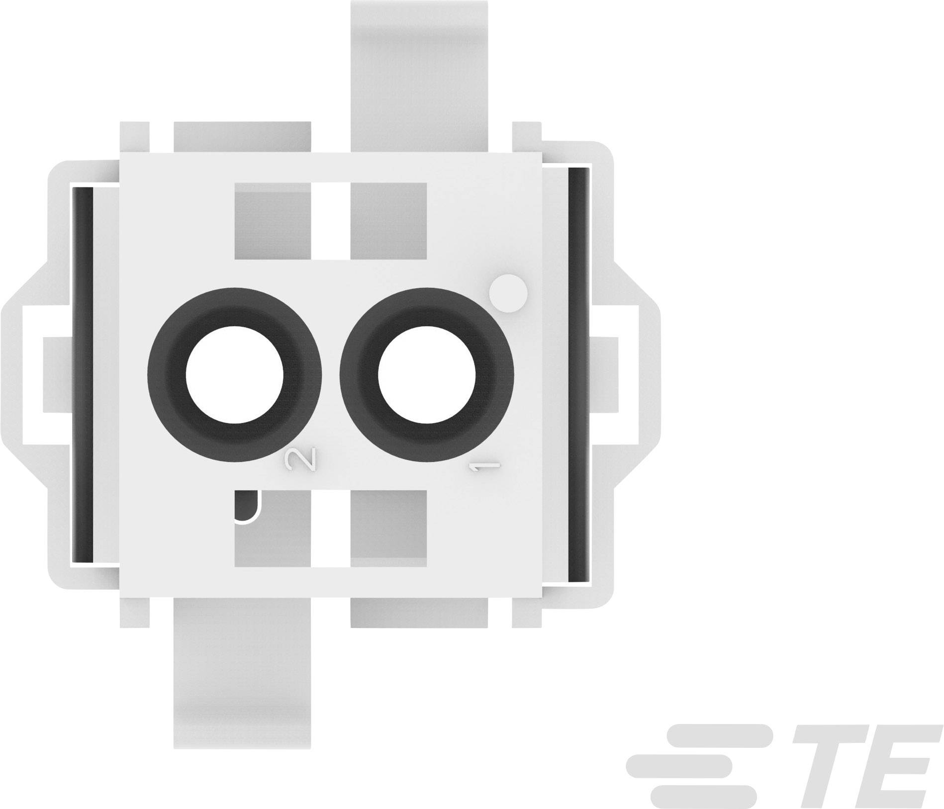 White electrical component with two round openings and side connections, manufacturer logo bottom right.