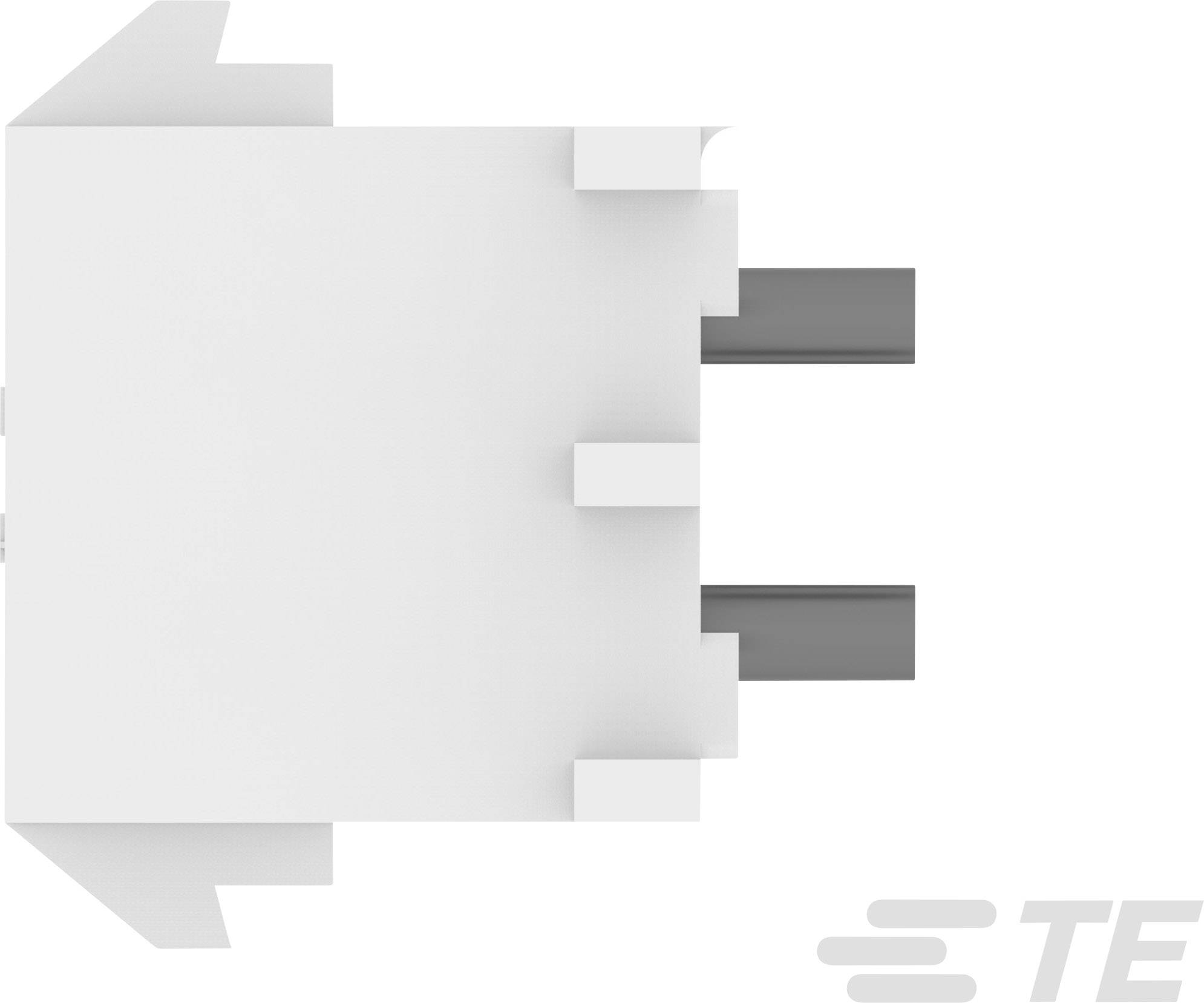 A white electrical plug by TE Connectivity with two metal pins. Suitable for industrial applications.