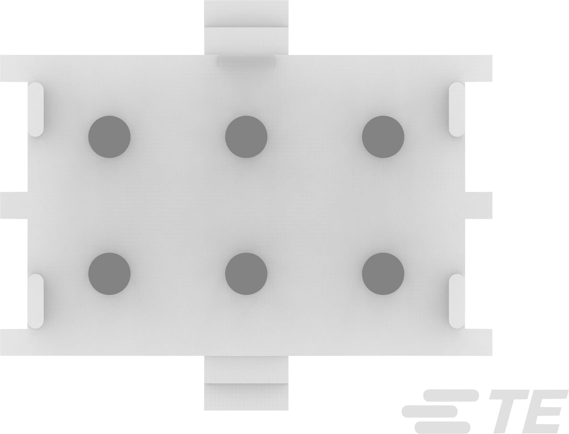 Six round, grey dots on a rectangular white background, arranged symmetrically. A grey 'TE' logo in the bottom right corner.