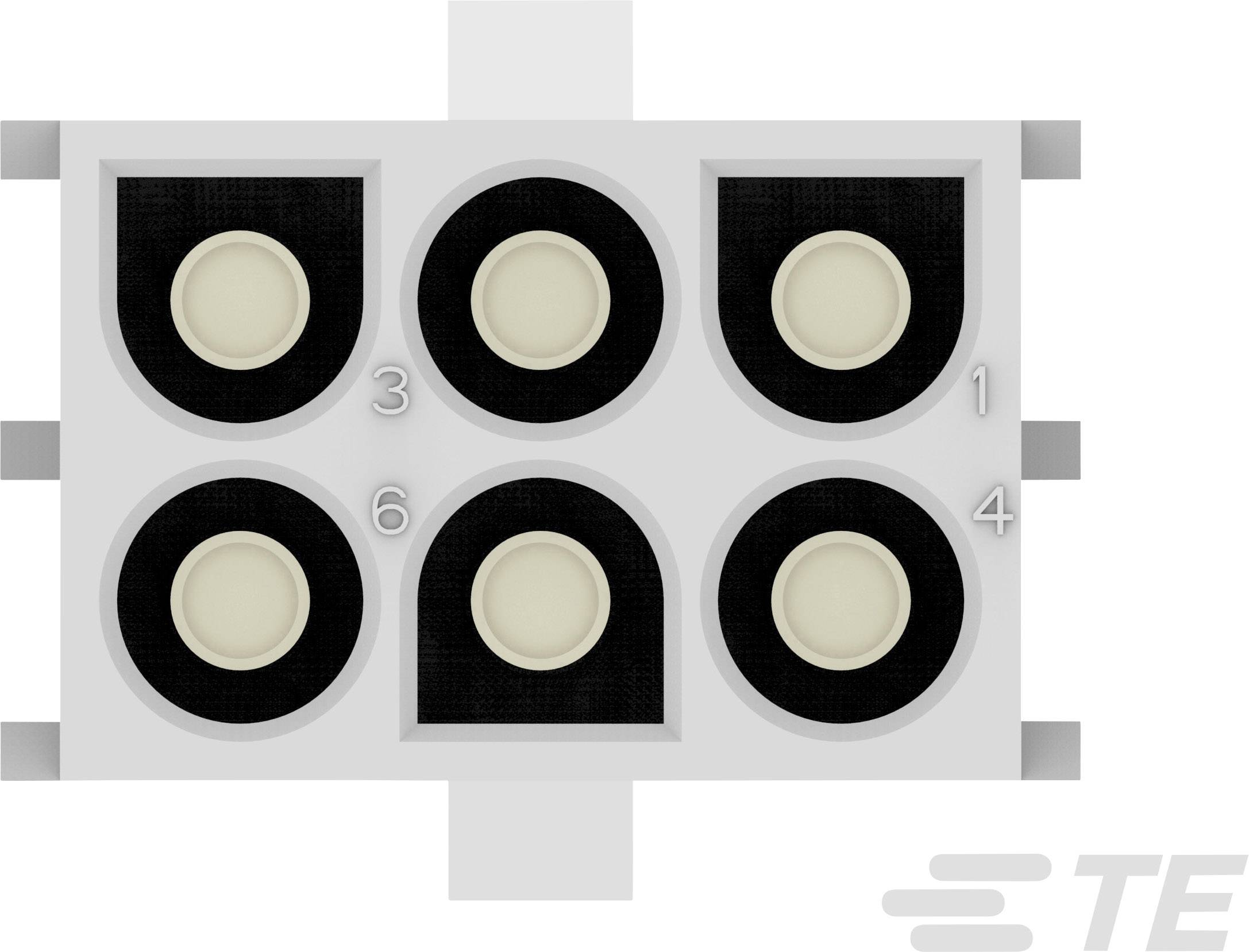 'Top view of a six-pole connector with numbered terminals from 1 to 6; four slots occupied.'