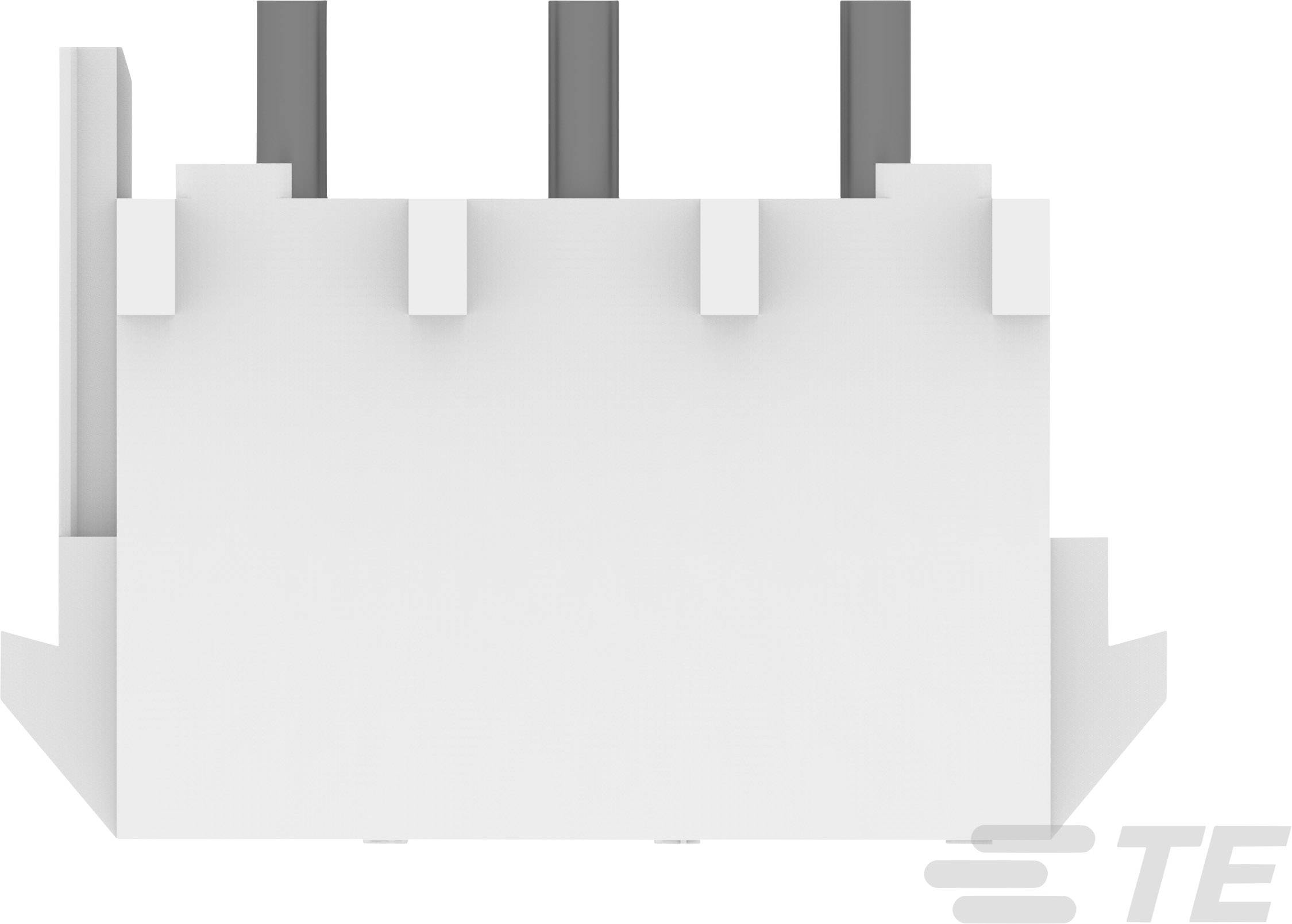 Connector housing with three vertical contact pins, white, brand logo bottom right.