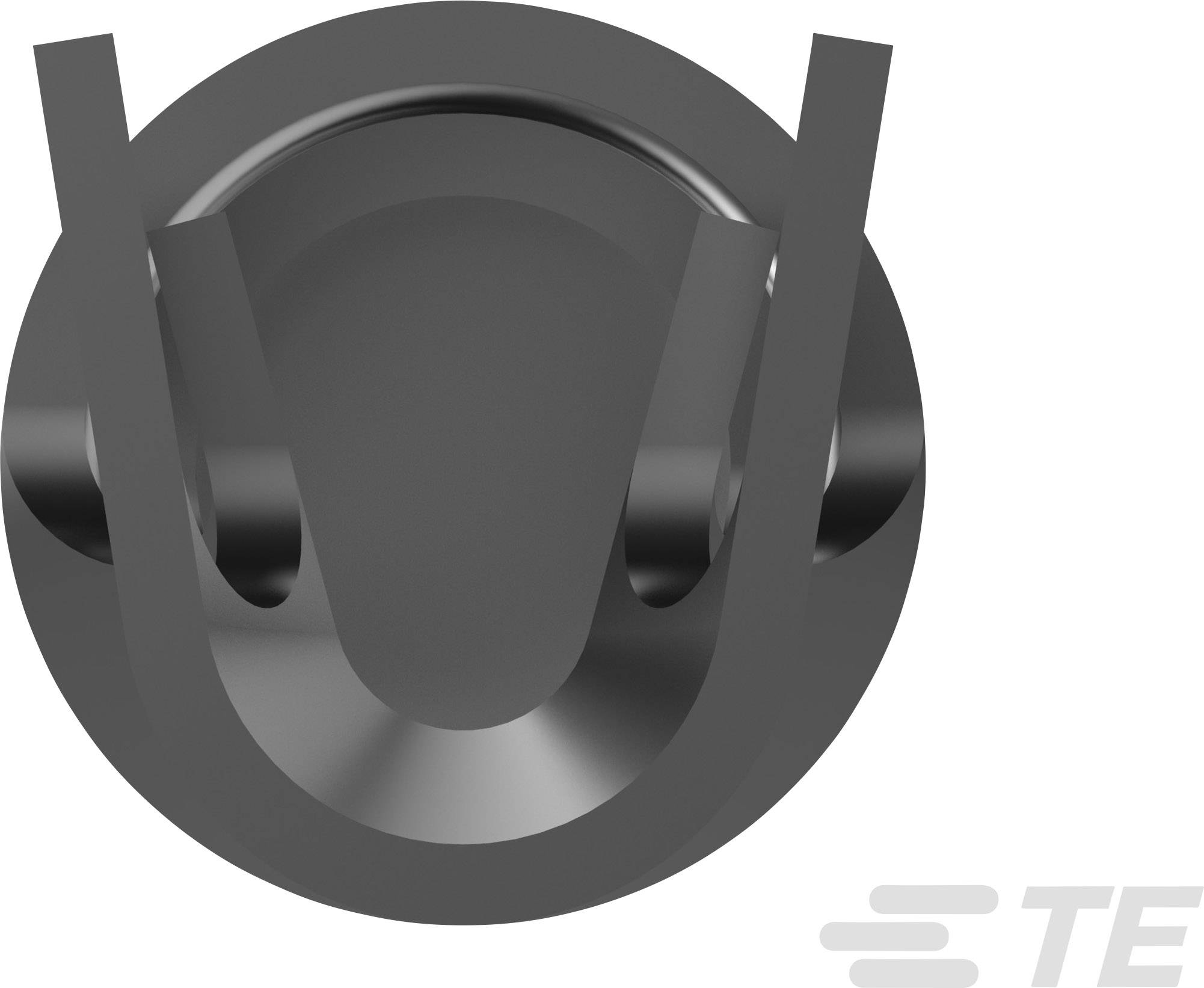 Black, circular component with two rounded struts and a notch, viewed from above.