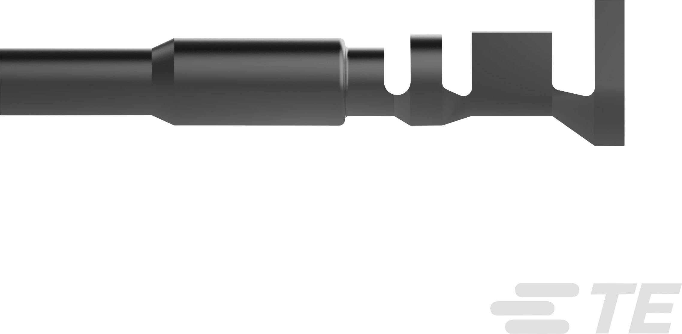 Black, metallic electrical terminal with rectangular and circular sections, suitable for plug connection systems.