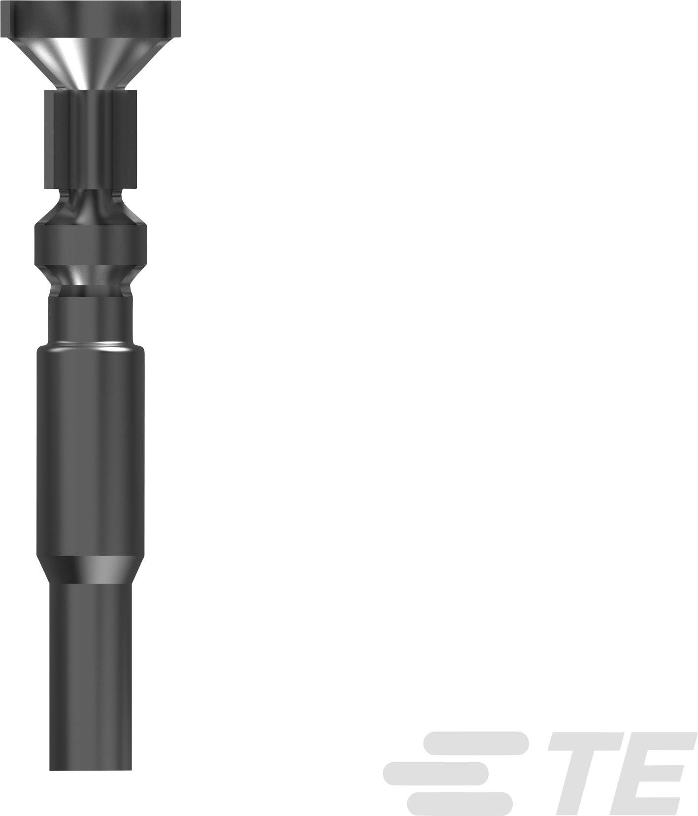 Electrical plug of a pin header with a black housing, viewed from the side. 'TE' logo in the bottom right corner.