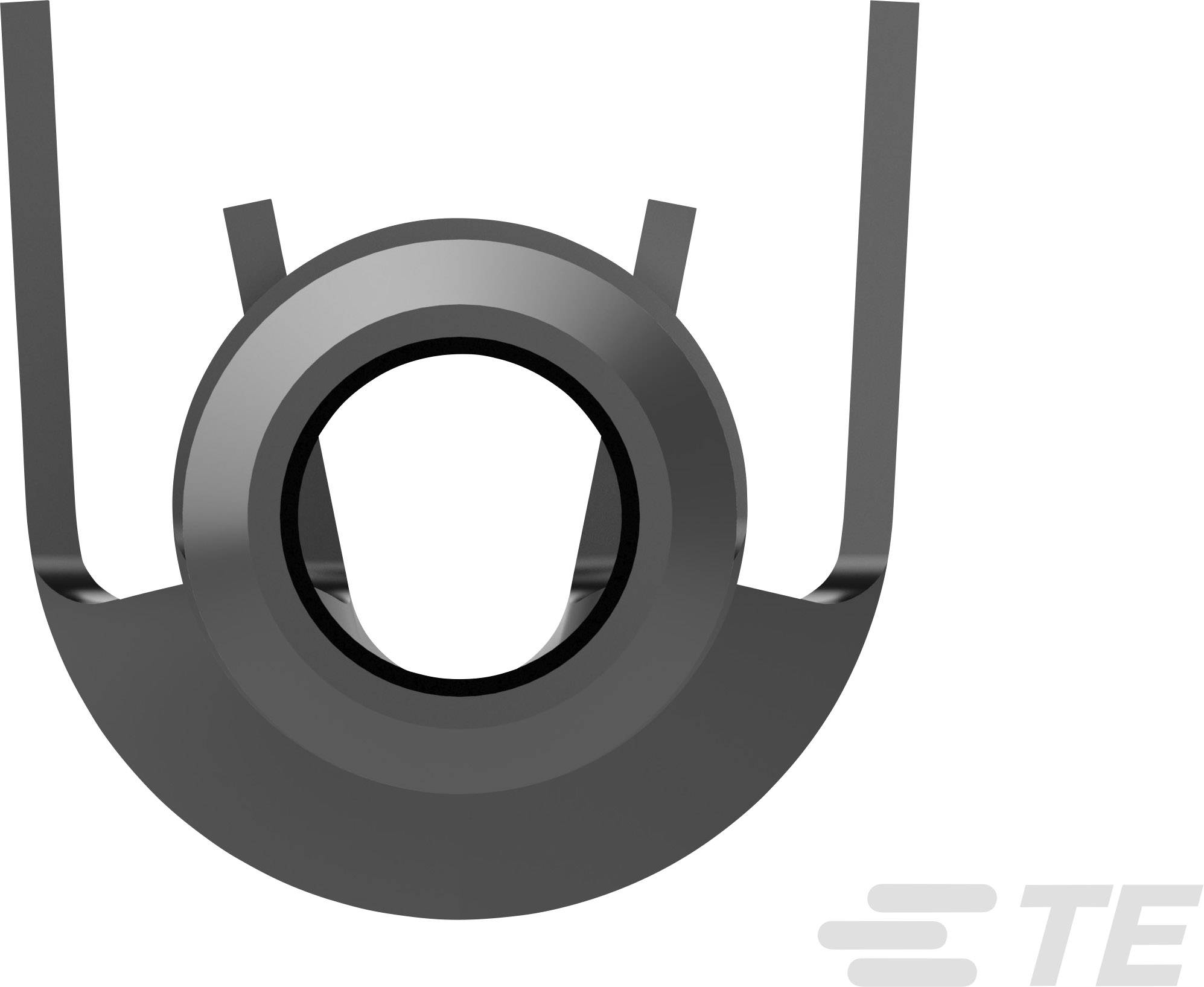 A round, black metal bracket with two raised side wings and a central opening. 'TE' brand logo in the corner.
