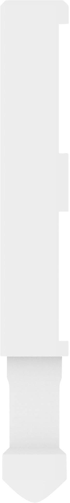 A white, rectangular object with rounded corners and a protruding tab at the bottom edge.
