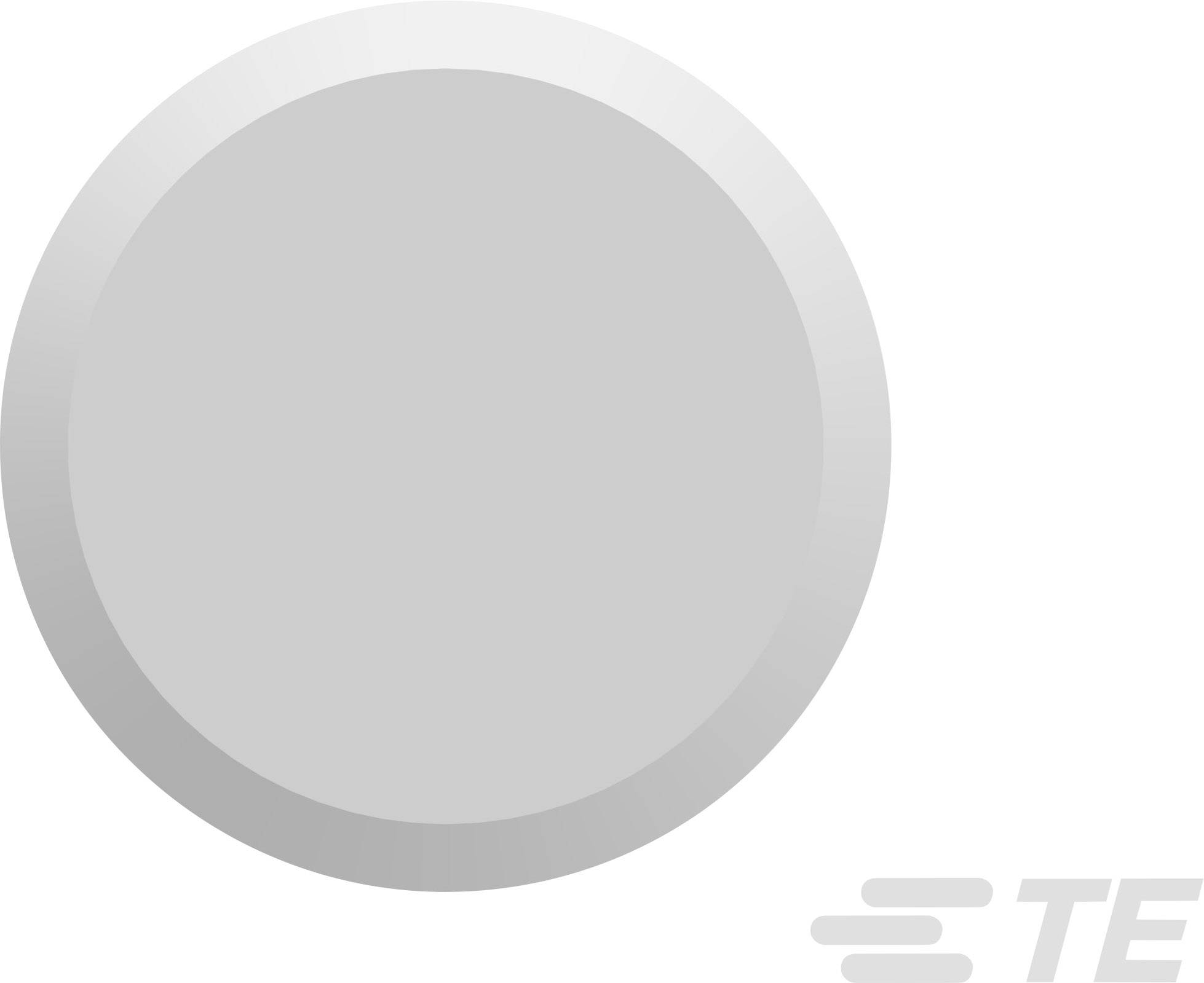 A grey, circular object with a subtle shading effect, positioned against a white background, with a stylised logo in the bottom right corner.