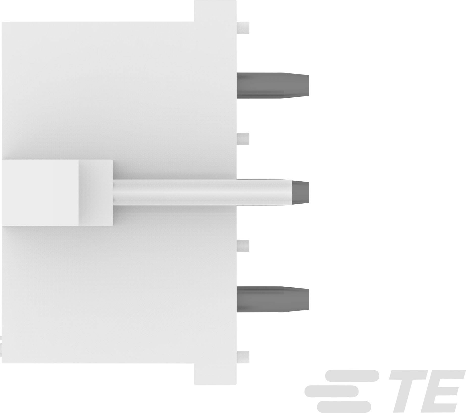 White connector component with multiple metal pins and TE logo in the bottom right corner.