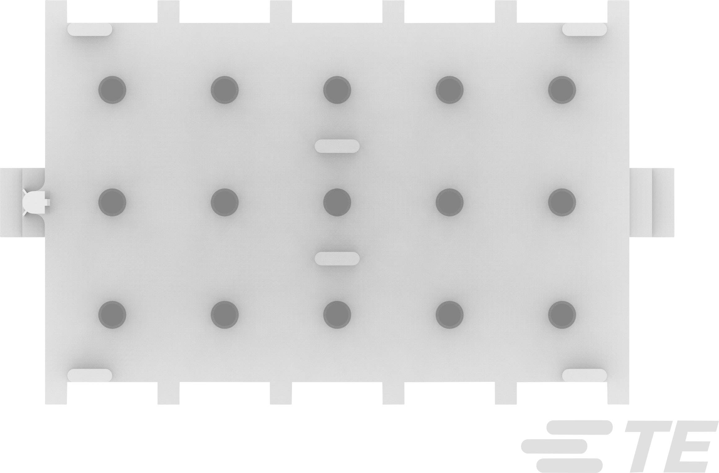 White rectangular electronic component with multiple circular contacts and side connections, brand logo 'TE'.