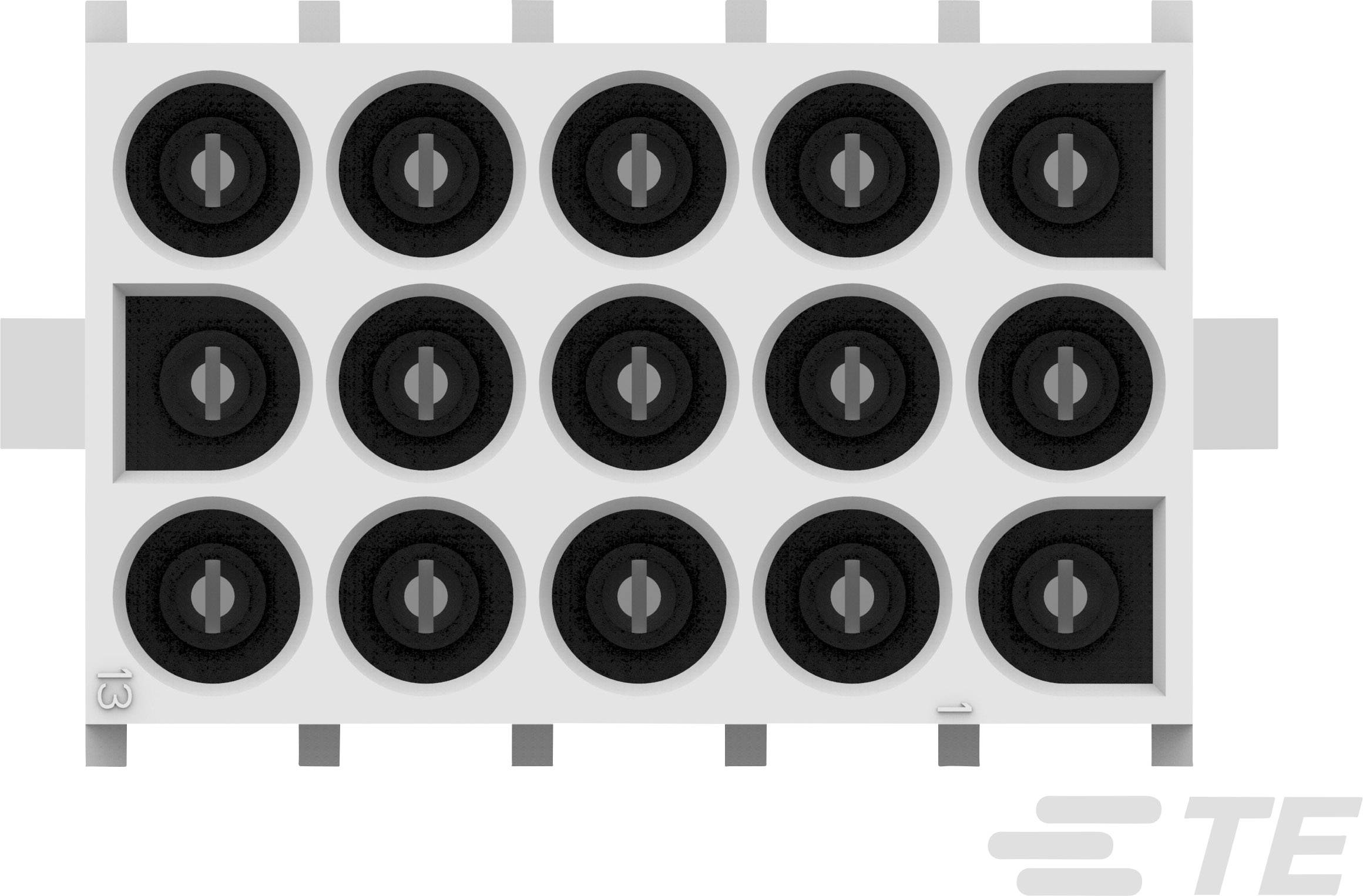 Electrical connector with 16 round sockets on a rectangular mounting bracket, suitable for electrical applications, in a black and grey design.