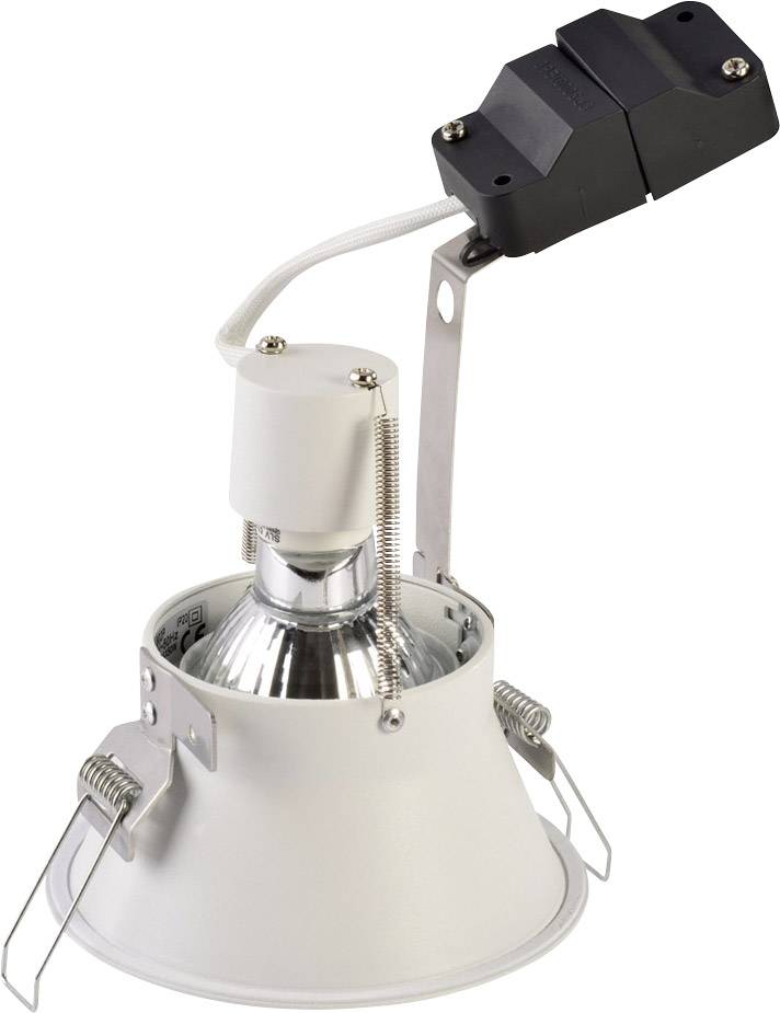 Recessed light fitting with a round white housing, metal mounting brackets, and a black connection cable. Suitable for ceiling installation.